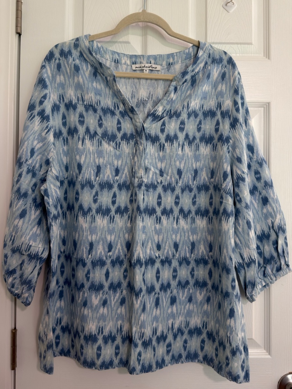 Ava Christine Linen blend Blue White V-Neck 3/4 Sleeve Woven Tunic Blouse 1X